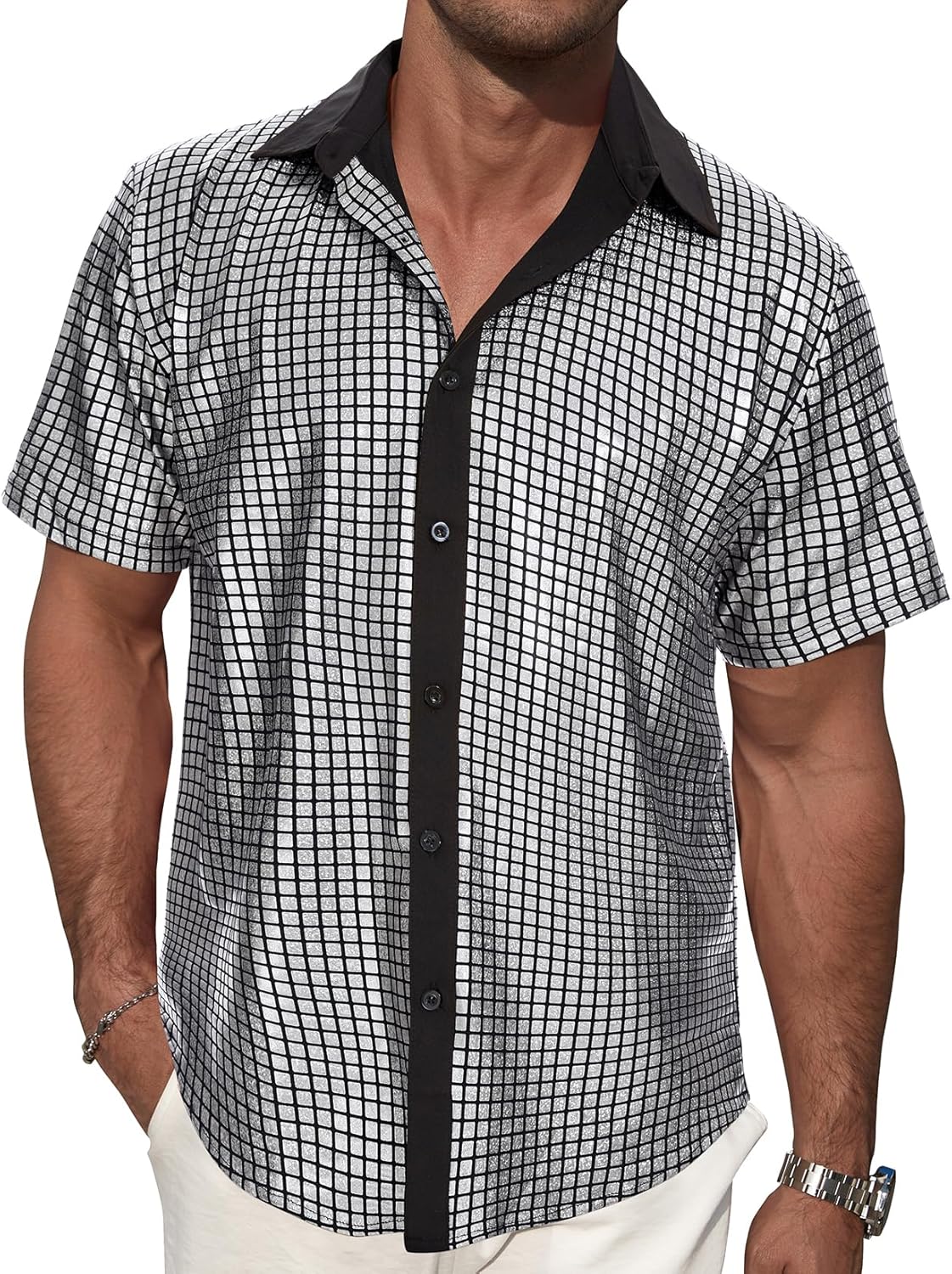 70s 80s Disco Outfits Shirt for Men-Vintage Metallic Button Up Party Shirts Unisex T-shirt, Sweatshirt, Hoodie, Long Sleeve Tee