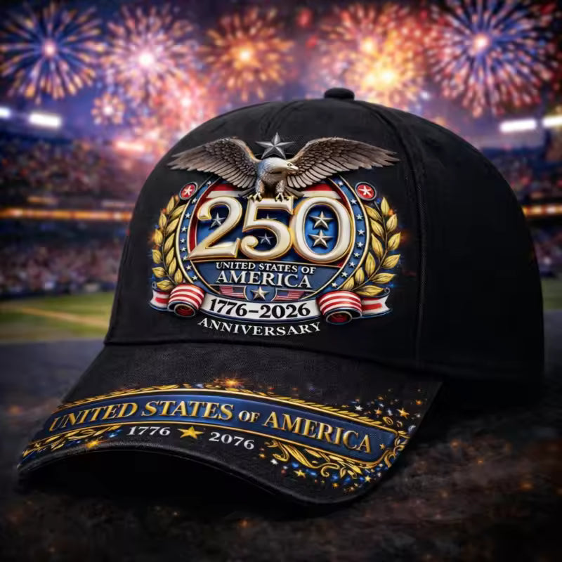 250 America Patriotic Baseball Cap with Bald Eagle & USA Flags 1776-2026 - Adjustable Unisex Hat Suitable for Parades