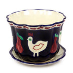 Dove and Fruit-Themed Blue Ceramic Flower Pot and Saucer 'Dreamy Doves'