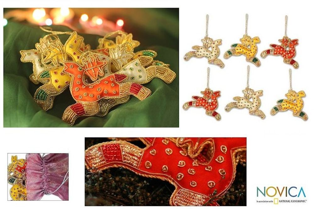 6 Beaded Hand Crafted Christmas Tree Ornaments from India 'Reindeer Gang'