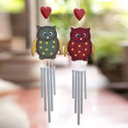 Pair of Owl-Shaped Hand-Carved and Painted Wood Wind Chimes 'Curious Owls'