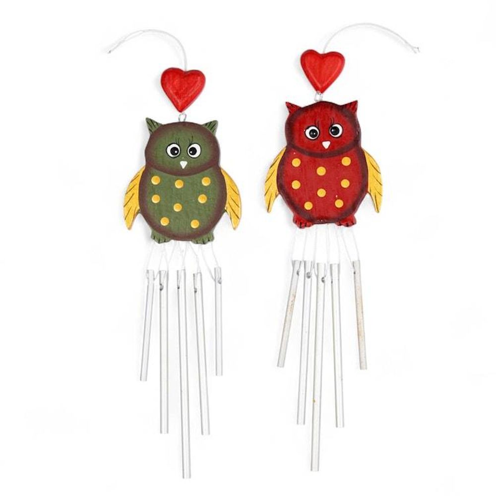 Pair of Owl-Shaped Hand-Carved and Painted Wood Wind Chimes 'Curious Owls'