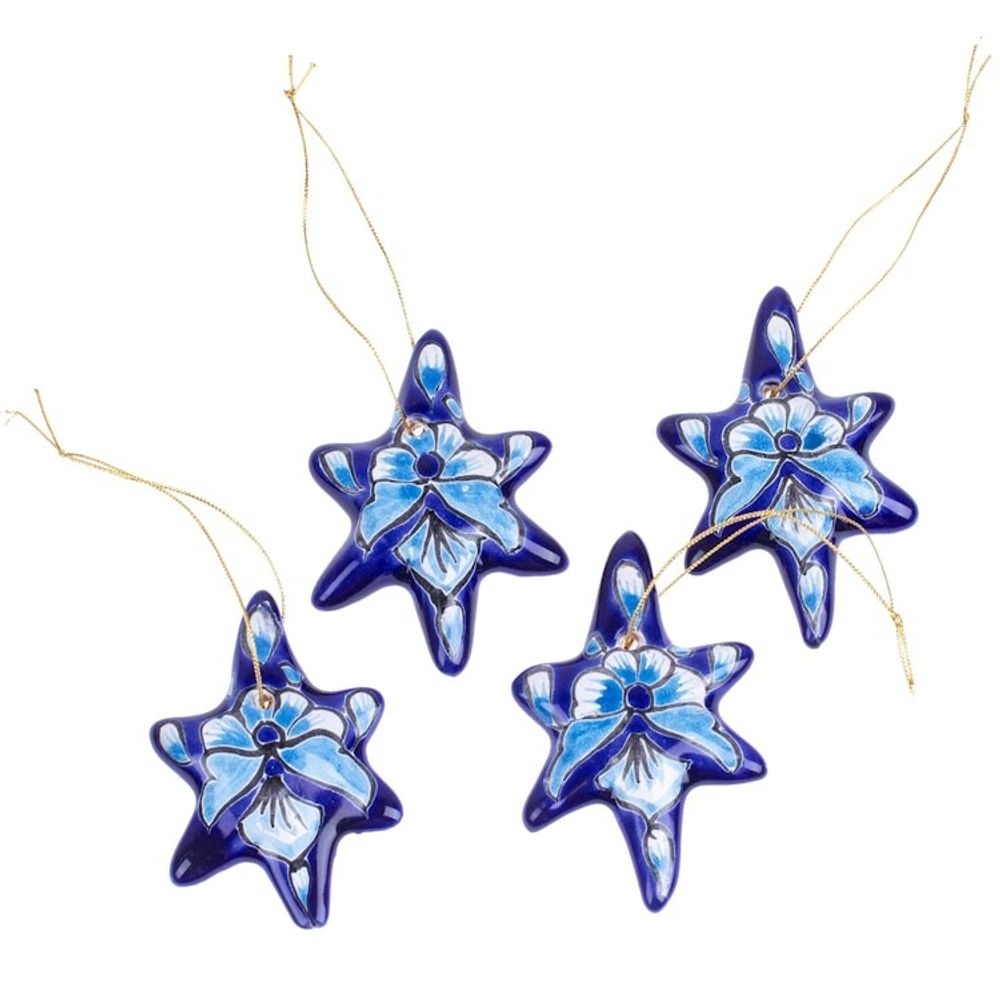 Set of 4 Handcrafted Ceramic Talavera Star Ornaments in Blue 'Floral Twilight'