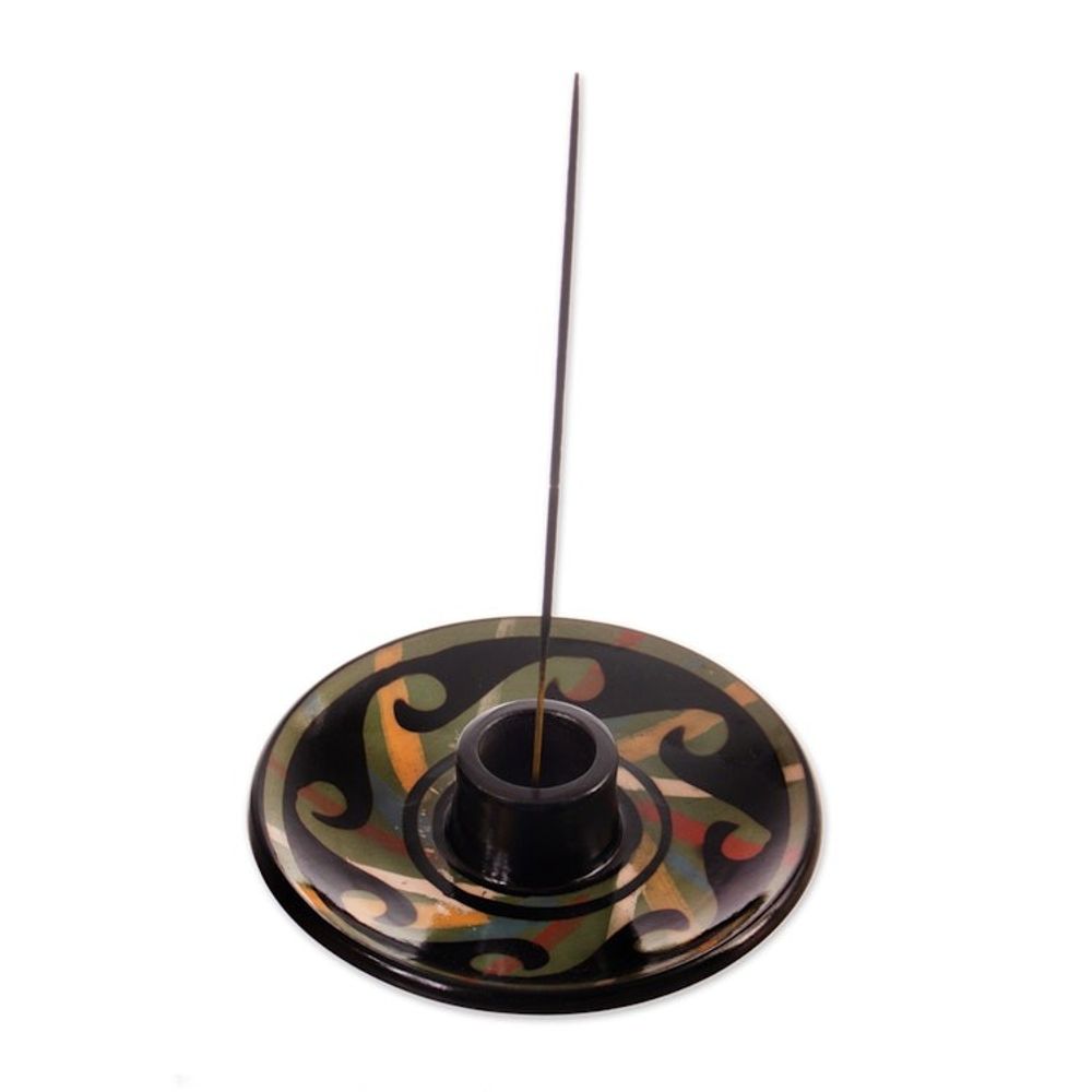 Handcrafted Wavy-Patterned Round Ceramic Incense Holder 'Ancestral Waves'