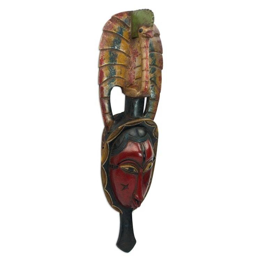 Hand Carved Sese Wood Wall Mask with Peacock from Ghana 'Tribal Peacock'