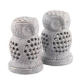 2 Owl-Shaped Openwork Hand-Carved Soapstone Tealight Holders 'Lucky Owls'