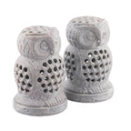 2 Owl-Shaped Openwork Hand-Carved Soapstone Tealight Holders 'Lucky Owls'