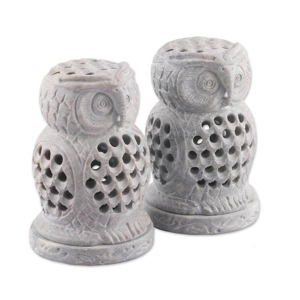 2 Owl-Shaped Openwork Hand-Carved Soapstone Tealight Holders 'Lucky Owls'