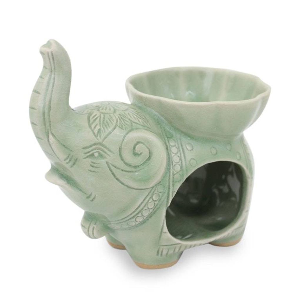 Handmade Light Green Celadon Ceramic Elephant Oil Warmer 'Time to Relax'