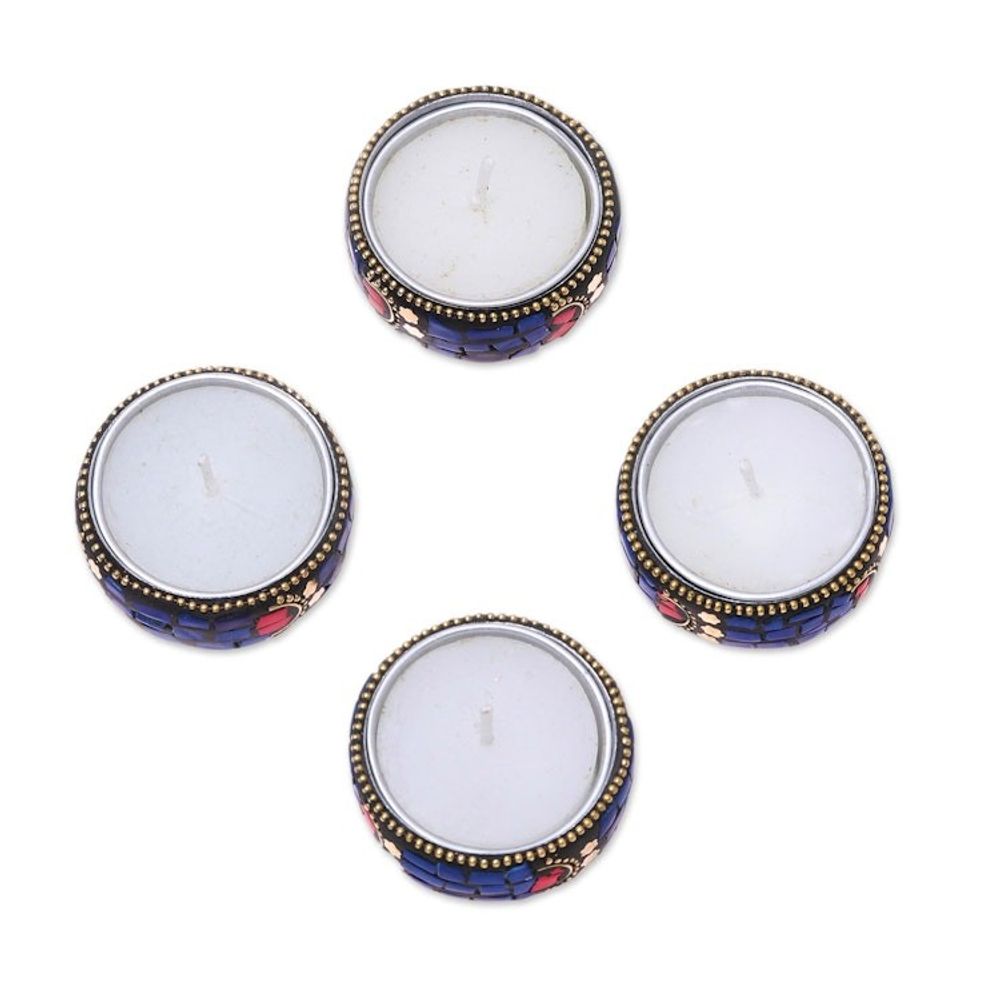 Set of Four Resin Coated Tea Lights with Brass Beads 'Shimmering Stars'
