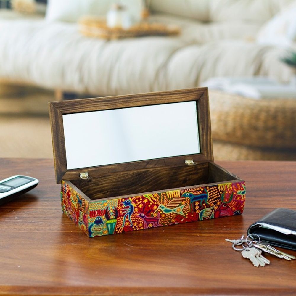 Huichol Theme Decoupage Jewelry Box with Mirror 'Huichol Fiesta'