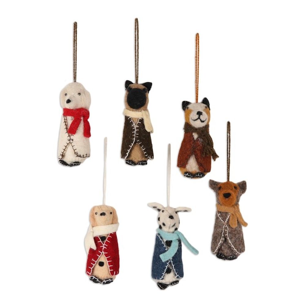 Embroidered Wool Dog Ornaments from India Set of 6 'Festive Pups'