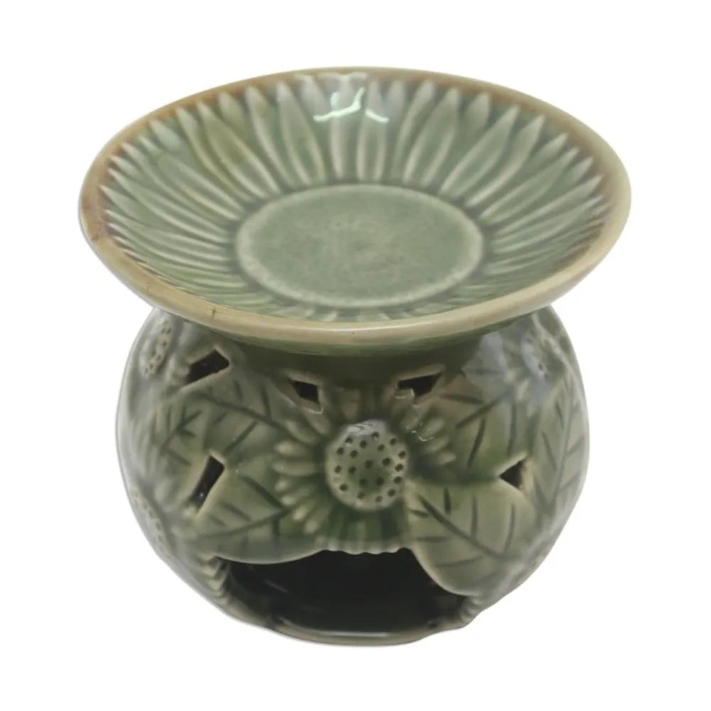 Sunflower Motif Green Ceramic Oil Warmer 'Fragrant Sunflower'