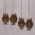 Set of 4 Javanese Coconut Shell Owl Figure Ornaments 'Hanging Owls'