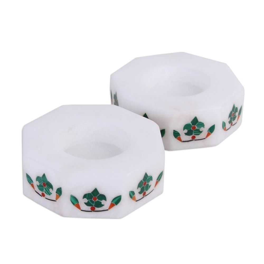 Octagon Marble Tealight Holder with Green Buds Pair 'Floral Alliance in Green'