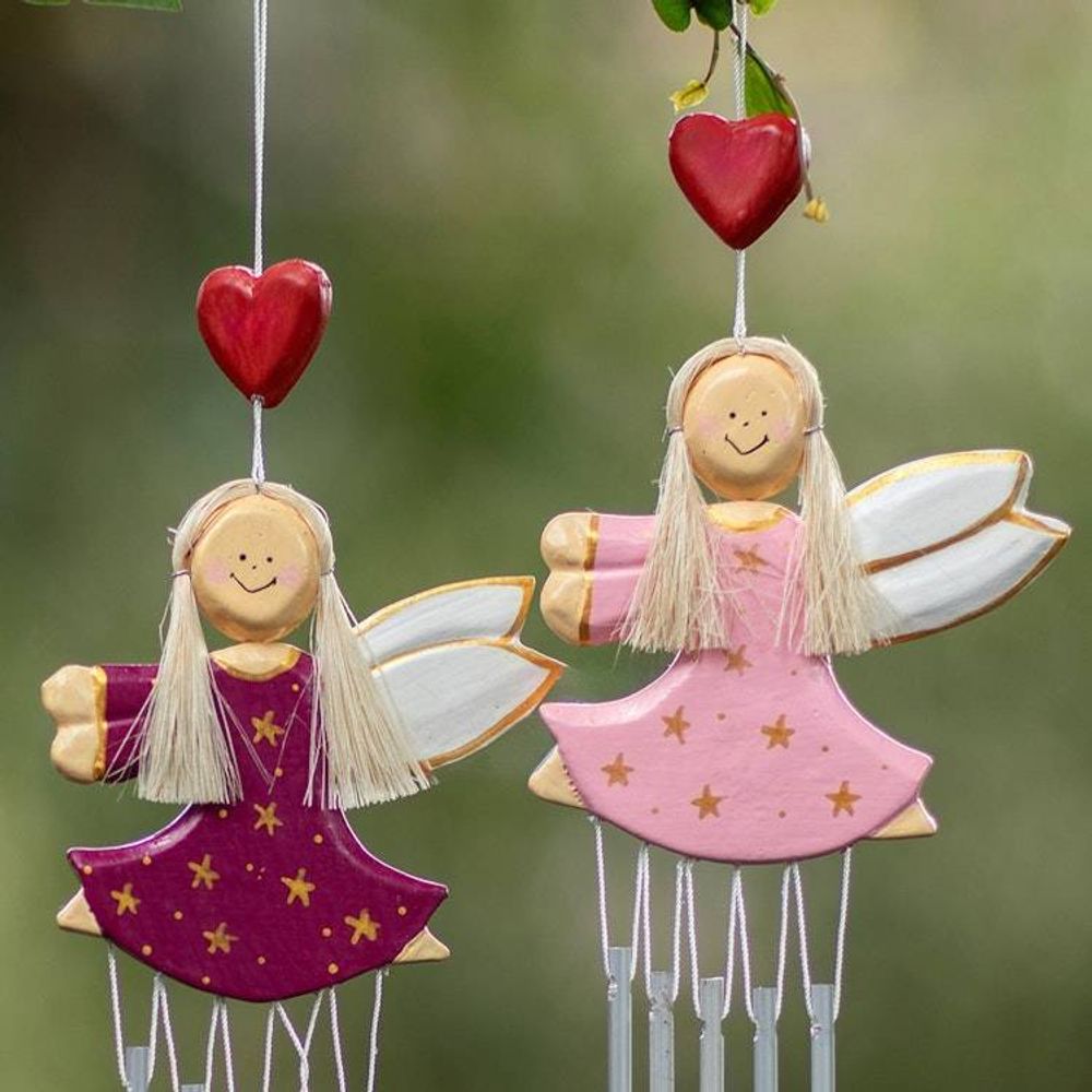 Pair of Fairy-Shaped Wood and Natural Fiber Wind Chimes 'Petite Stars'