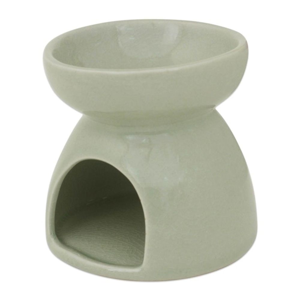 Thailand Elephants Handmade Green Ceramic Clay Oil Warmer 'Mother and Baby'