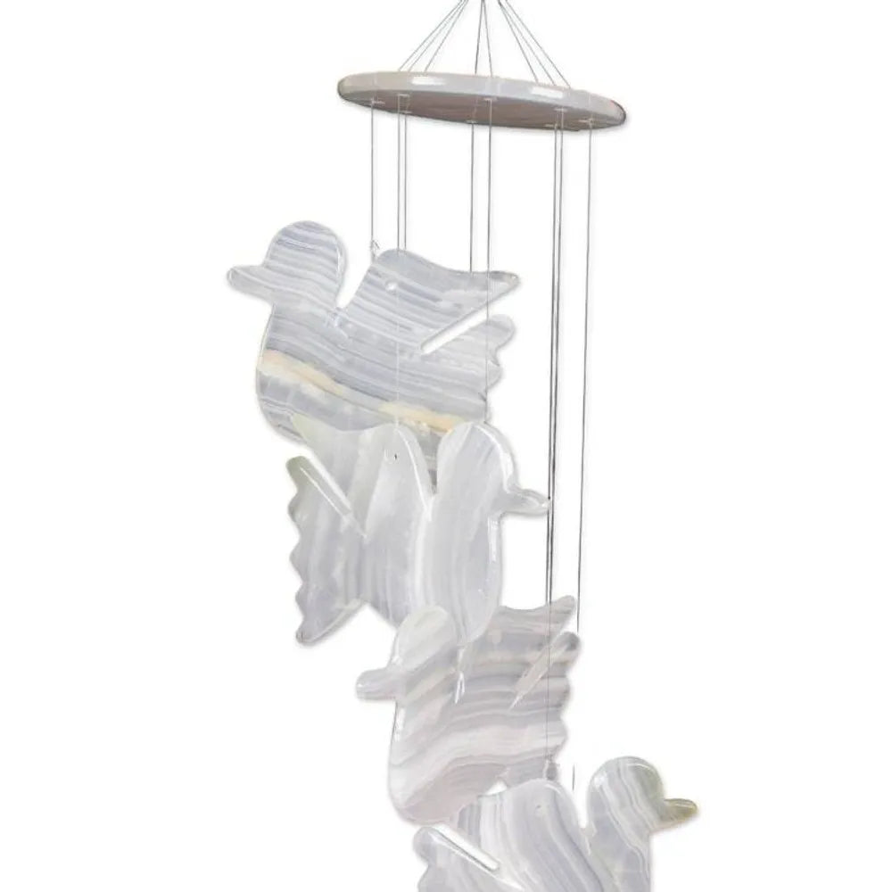 Mexican Handcrafted Natural White Onyx Dove-Themed Mobile 'Feathers to Heaven'