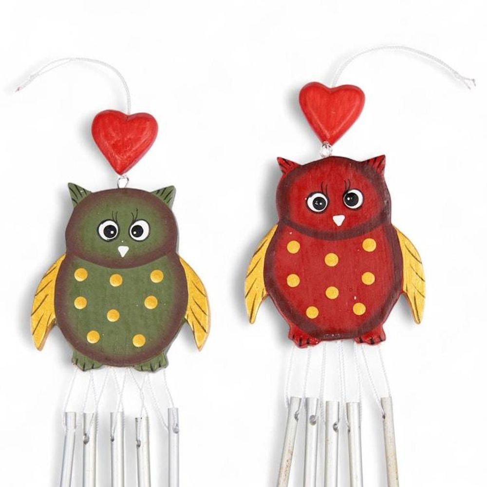 Pair of Owl-Shaped Hand-Carved and Painted Wood Wind Chimes 'Curious Owls'