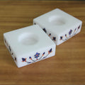 Square Marble Tealight Holder with Blue Blooming Buds Pair 'Blooming Buds in Blue'