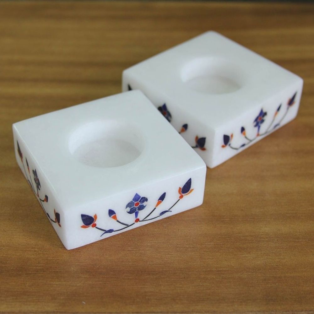 Square Marble Tealight Holder with Blue Blooming Buds Pair 'Blooming Buds in Blue'