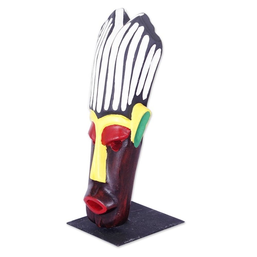 Hand-Painted African Wood Mask on Steel Stand from Ghana 'Tribal Heritage'