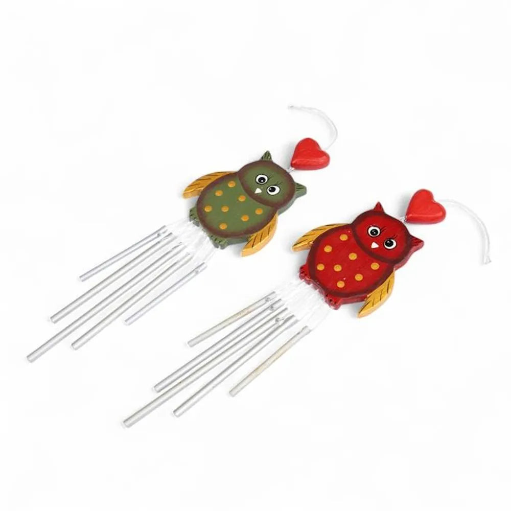 Pair of Owl-Shaped Hand-Carved and Painted Wood Wind Chimes 'Curious Owls'