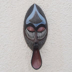 African Sese Wood Mask in Blue with Repousse Aluminum 'Ancestral Chant'