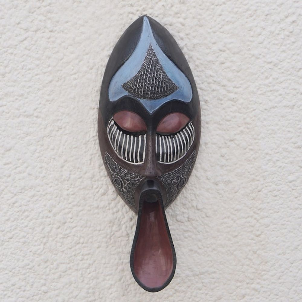 African Sese Wood Mask in Blue with Repousse Aluminum 'Ancestral Chant'