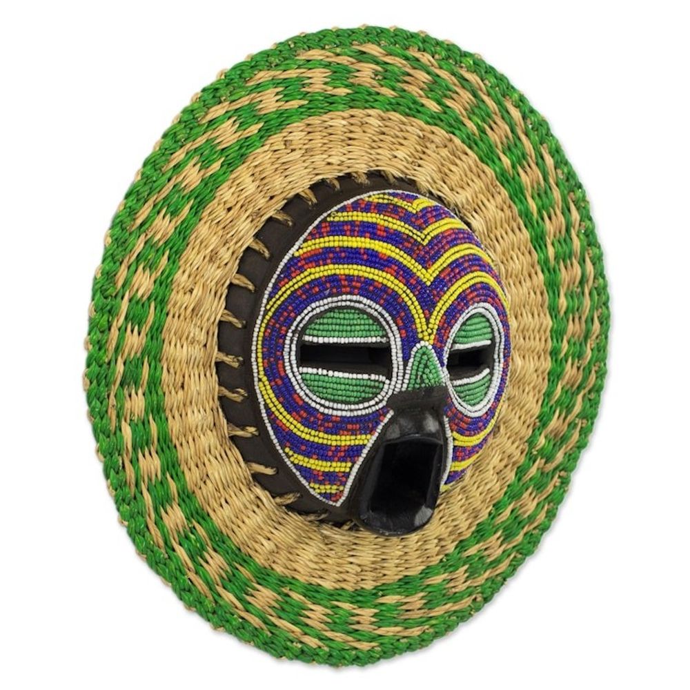 Hand Made African Mask with Wood, Bead and Raffia Accents 'True Child'