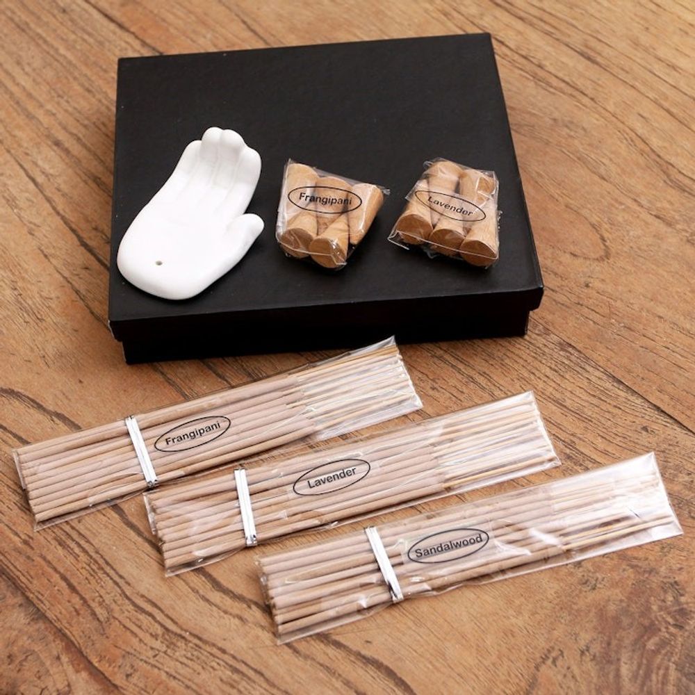 Lavender and Frangipani Ceramic Incense Set 'White Palm'