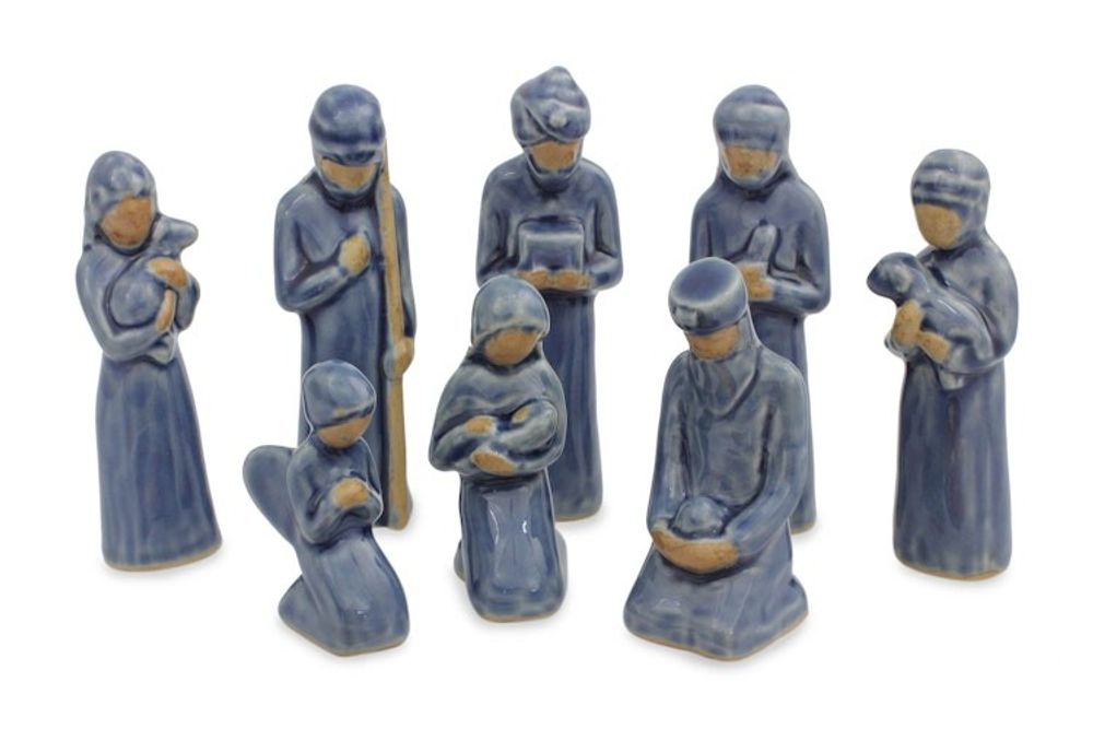 Unique 8-piece Celadon Ceramic Nativity Scene 'Thai Holy Birth in Blue'