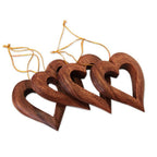 Heart-Shaped Suar Wood Ornaments from Bali Set of 4 'Heart Grain'