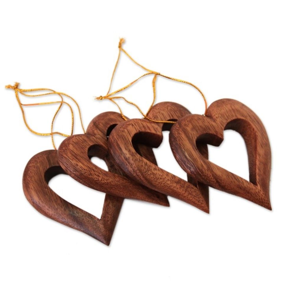 Heart-Shaped Suar Wood Ornaments from Bali Set of 4 'Heart Grain'