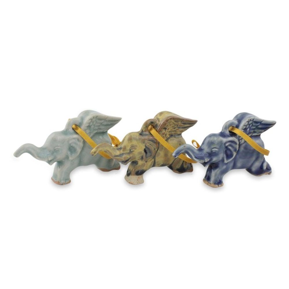 Hand Crafted Ornaments in Celadon Ceramic Set of 3 'Flying Elephants'