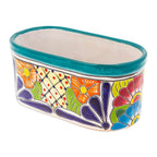 Handcrafted Floral Talavera Ceramic Flower Pot from Mexico 'Oblong Hacienda in Teal'