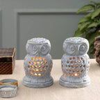 2 Owl-Shaped Openwork Hand-Carved Soapstone Tealight Holders 'Lucky Owls'