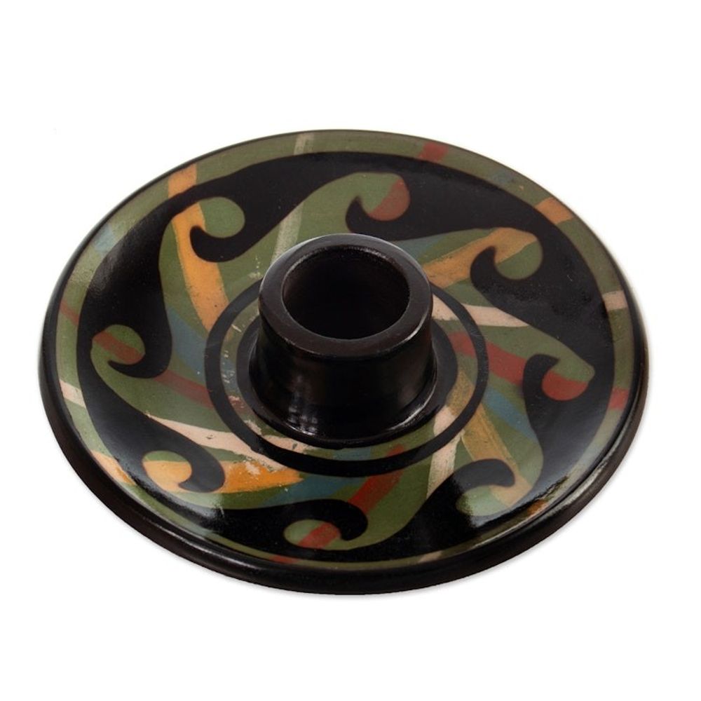 Handcrafted Wavy-Patterned Round Ceramic Incense Holder 'Ancestral Waves'