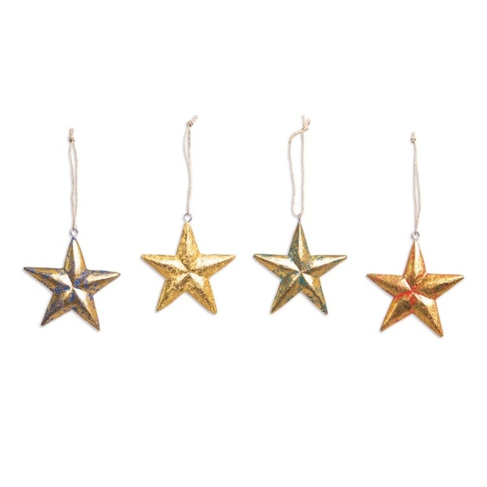Hand Carved Star-Motif Holiday Ornaments Set of 4 'Seeing Stars'