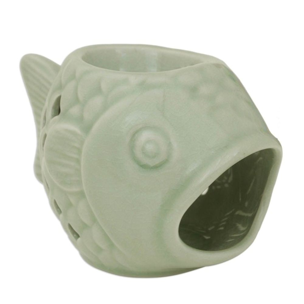 Handcrafted Ceramic Clay Oil Warmer Green Fish from Thailand 'Hello Fish'