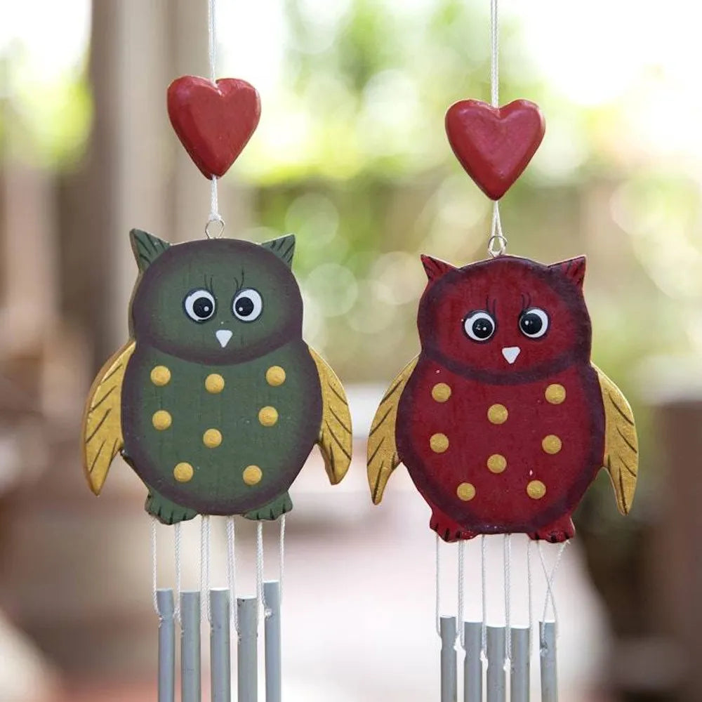 Pair of Owl-Shaped Hand-Carved and Painted Wood Wind Chimes 'Curious Owls'