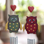Pair of Owl-Shaped Hand-Carved and Painted Wood Wind Chimes 'Curious Owls'