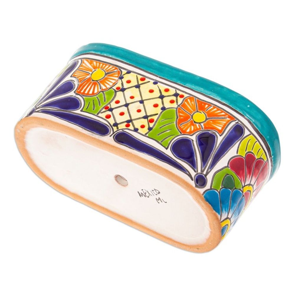 Handcrafted Floral Talavera Ceramic Flower Pot from Mexico 'Oblong Hacienda in Teal'