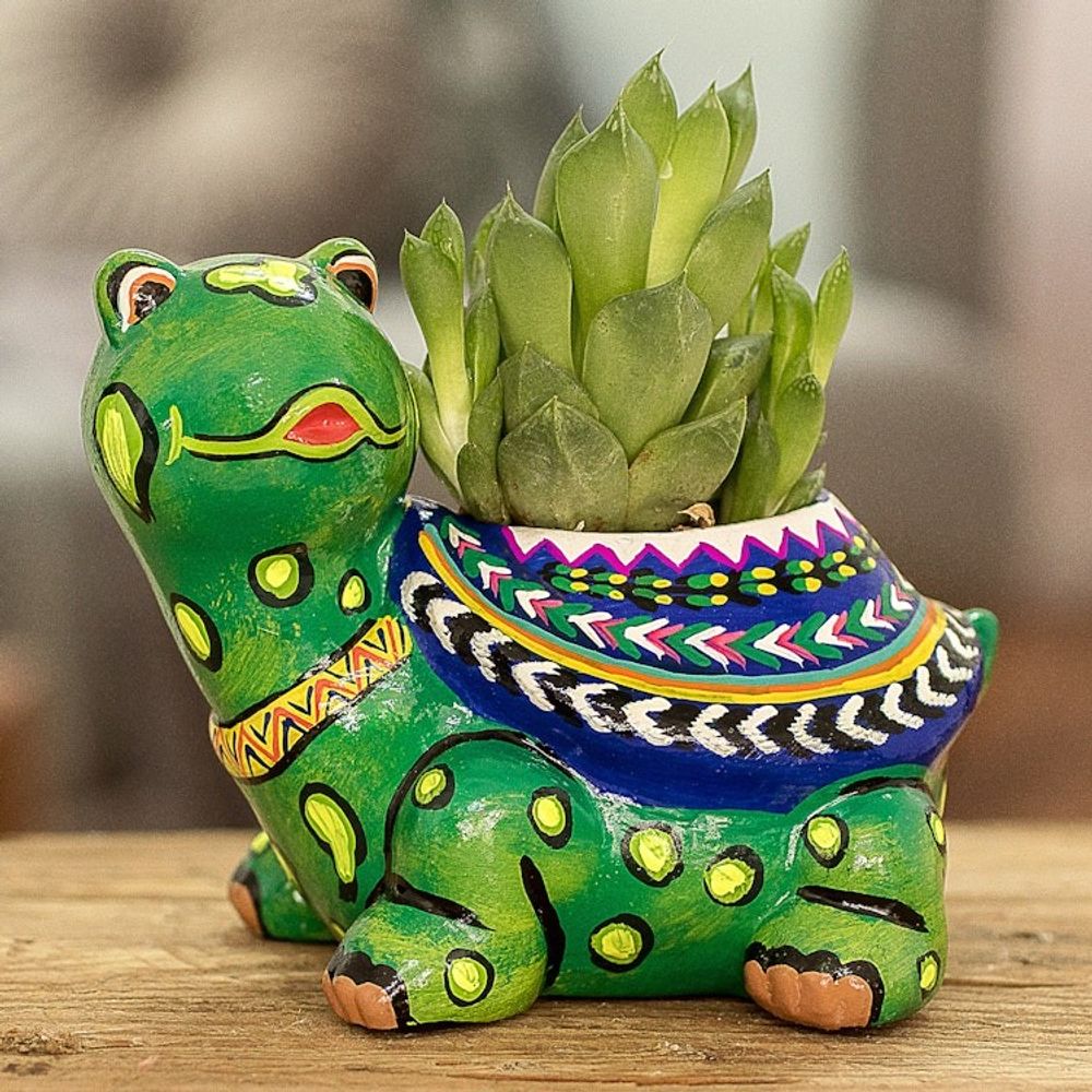 Hand-Painted Small Turtle Ceramic Flower Pot from Guatemala 'Mountain Turtle'