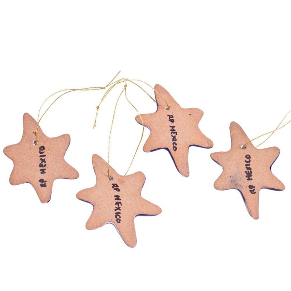 Set of 4 Handcrafted Ceramic Talavera Star Ornaments in Blue 'Floral Twilight'