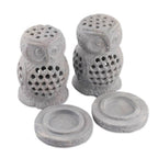 2 Owl-Shaped Openwork Hand-Carved Soapstone Tealight Holders 'Lucky Owls'