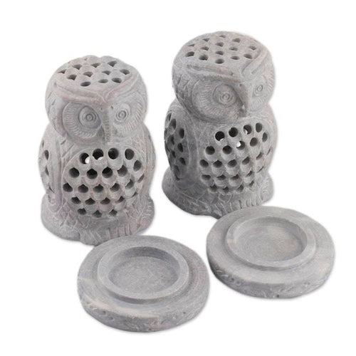 2 Owl-Shaped Openwork Hand-Carved Soapstone Tealight Holders 'Lucky Owls'