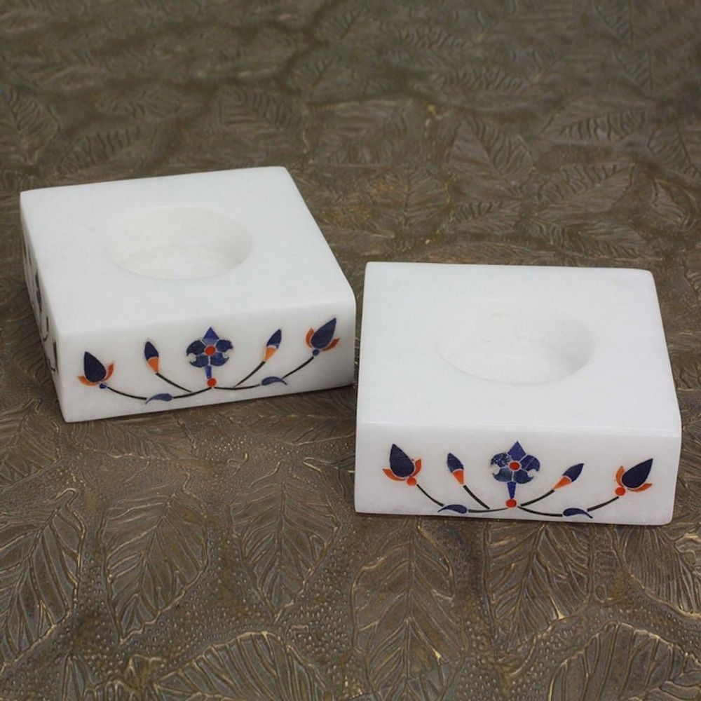 Square Marble Tealight Holder with Blue Blooming Buds Pair 'Blooming Buds in Blue'