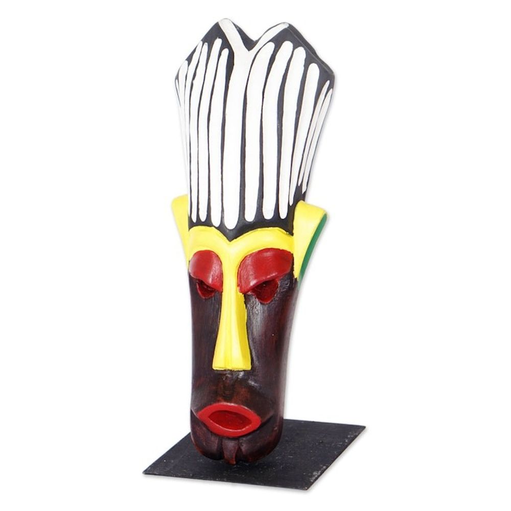 Hand-Painted African Wood Mask on Steel Stand from Ghana 'Tribal Heritage'