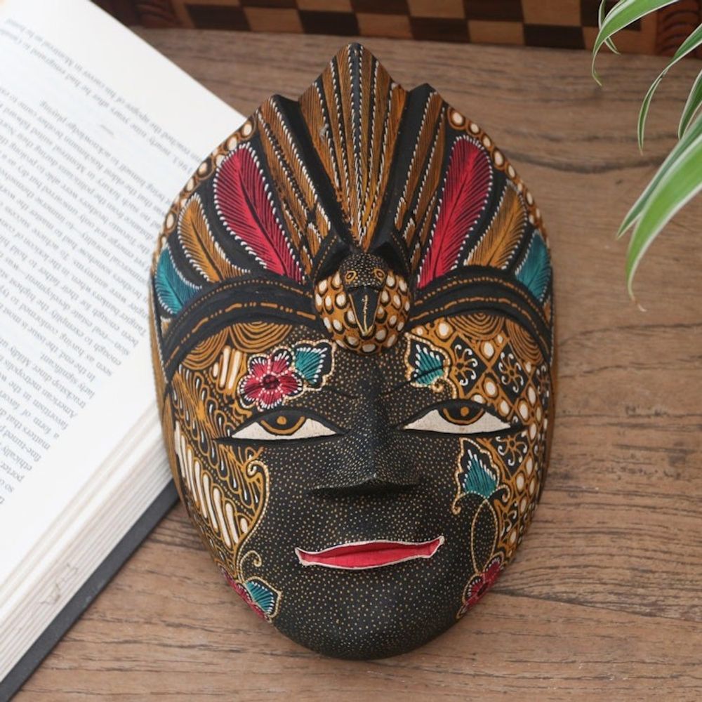 Hand Crafted Batik Wood Mask from Java 'Bird Dance'